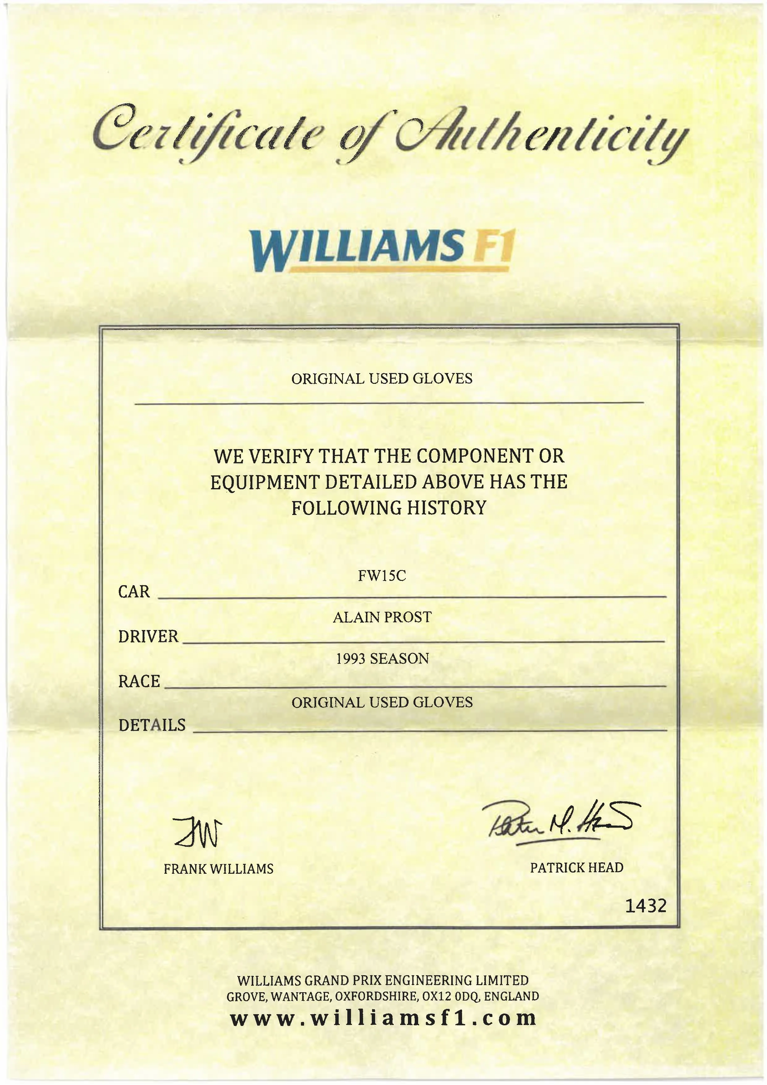 Miami Auction LOT 047 - Alain Prost 1993 Williams Gloves - Used - Image 6